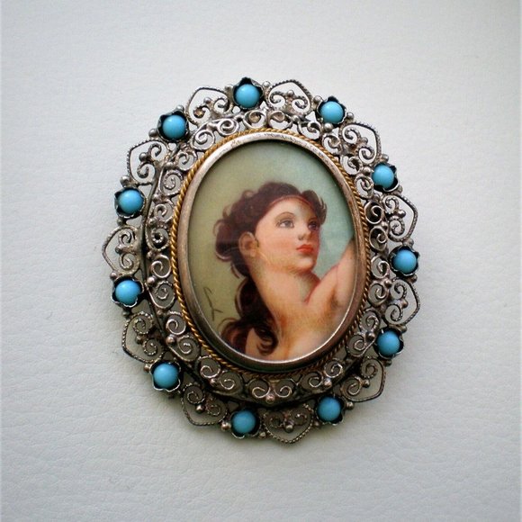 Jewelry - Antique 800 Silver Faux Turquoise Lady Cameo Style Filigree Brooch Pin Pendant